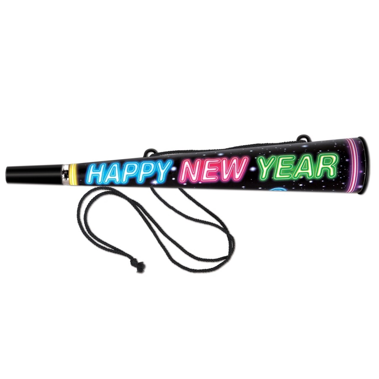 Beistle Club Pack of 25 Black and Neon Colored "Happy New Year" Mega Trumpet Horn Party Favors 14"